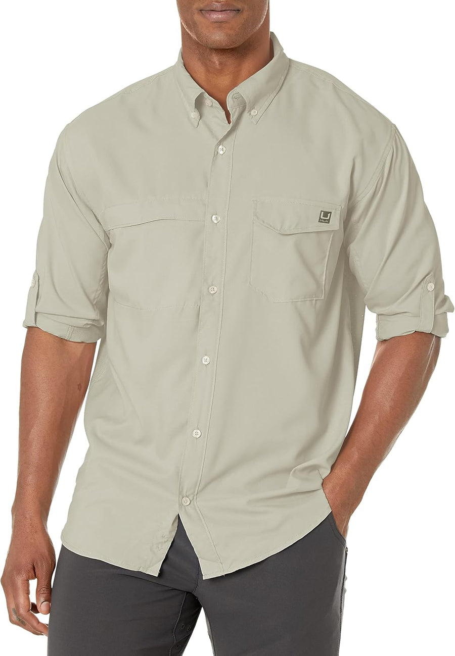 HUK Mens Tide Point Long Sleeve Shirt | Performance Button Down - Overcast Grey