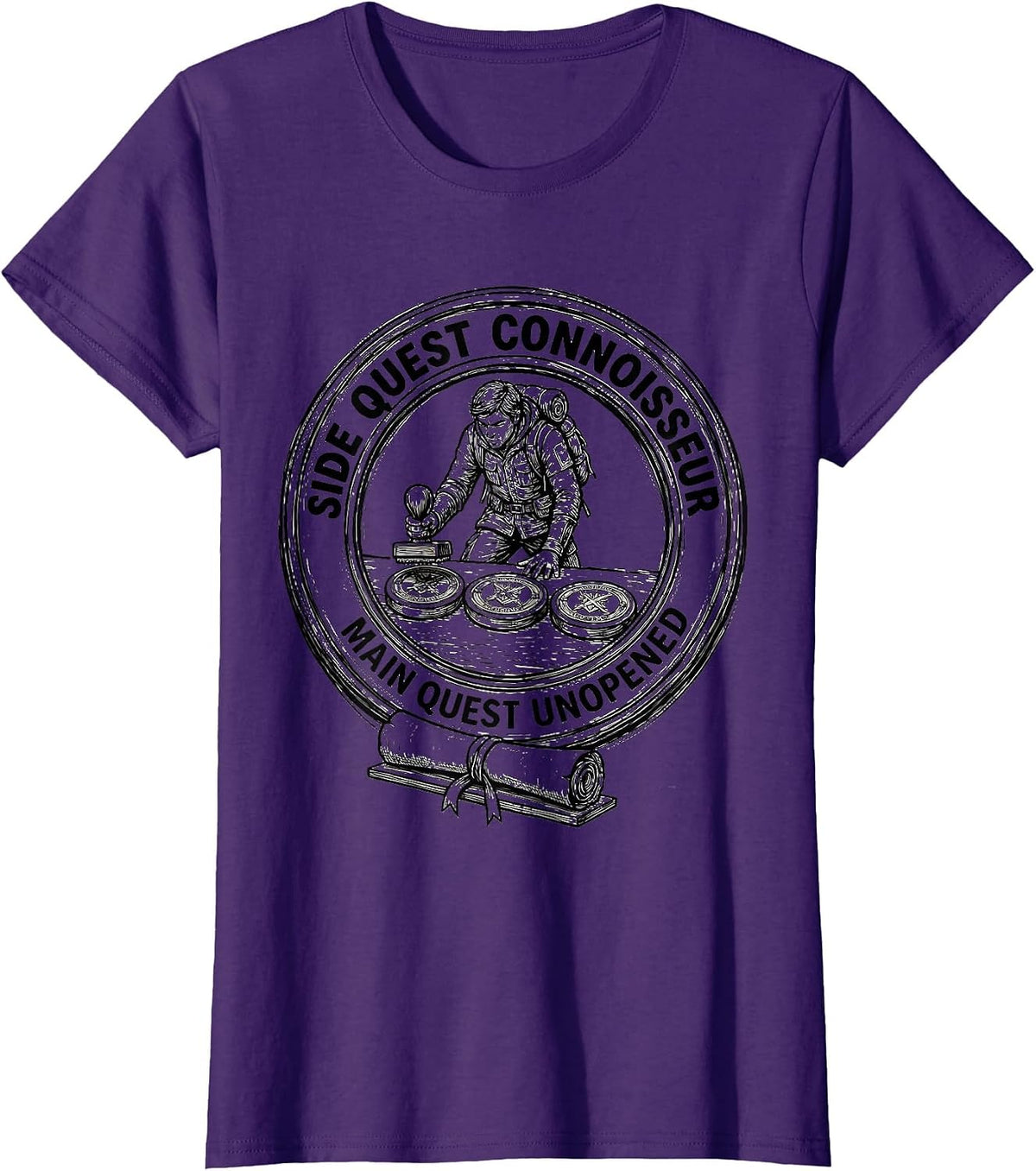 Women's Side Quest Connoisseur, Main Quest Unopened RPG Gamer T-Shirt - Purple