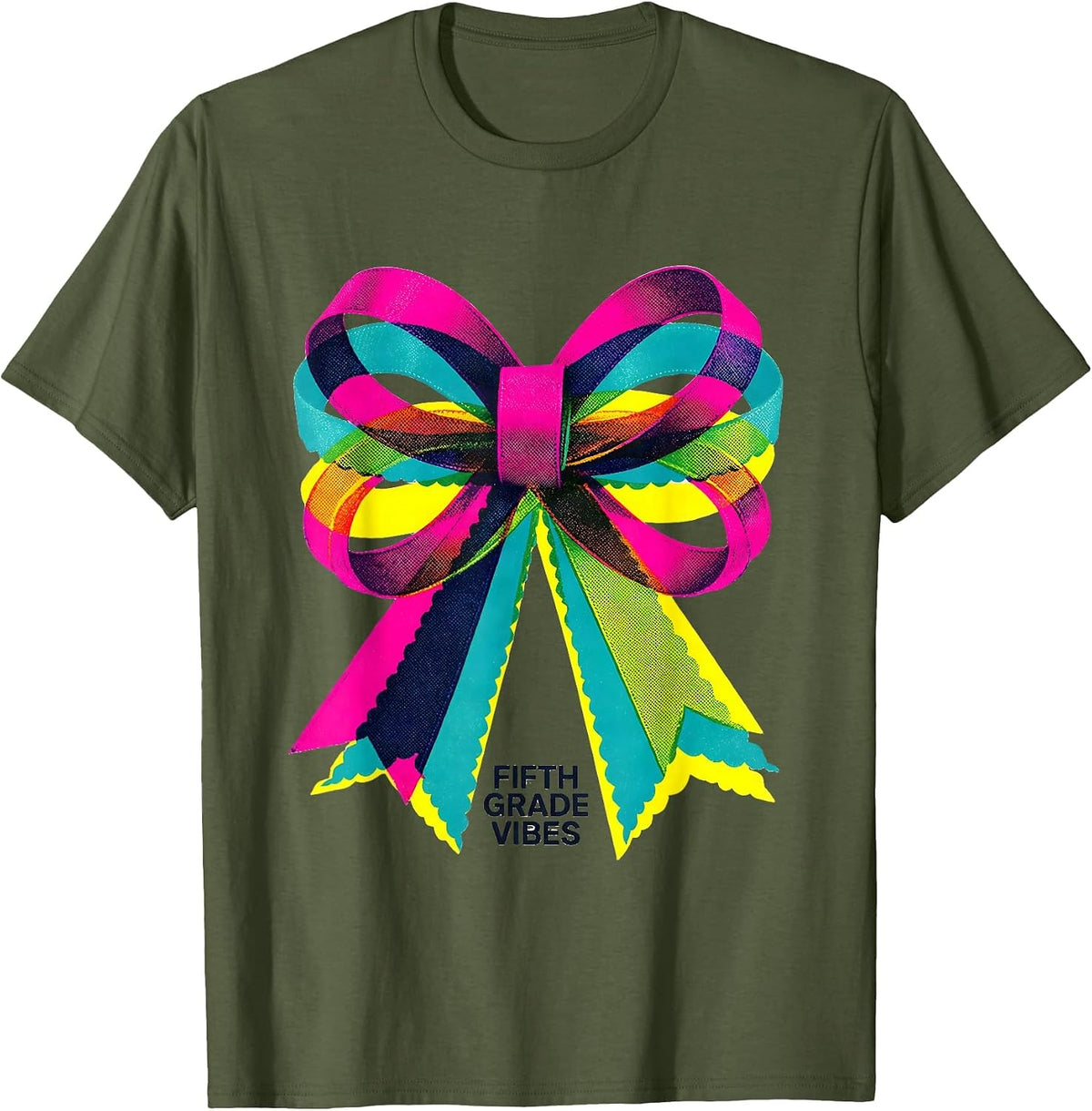Fifth Grade Vibes Risograph Bow Back to School Girls Teacher T-Shirt - Olive Green