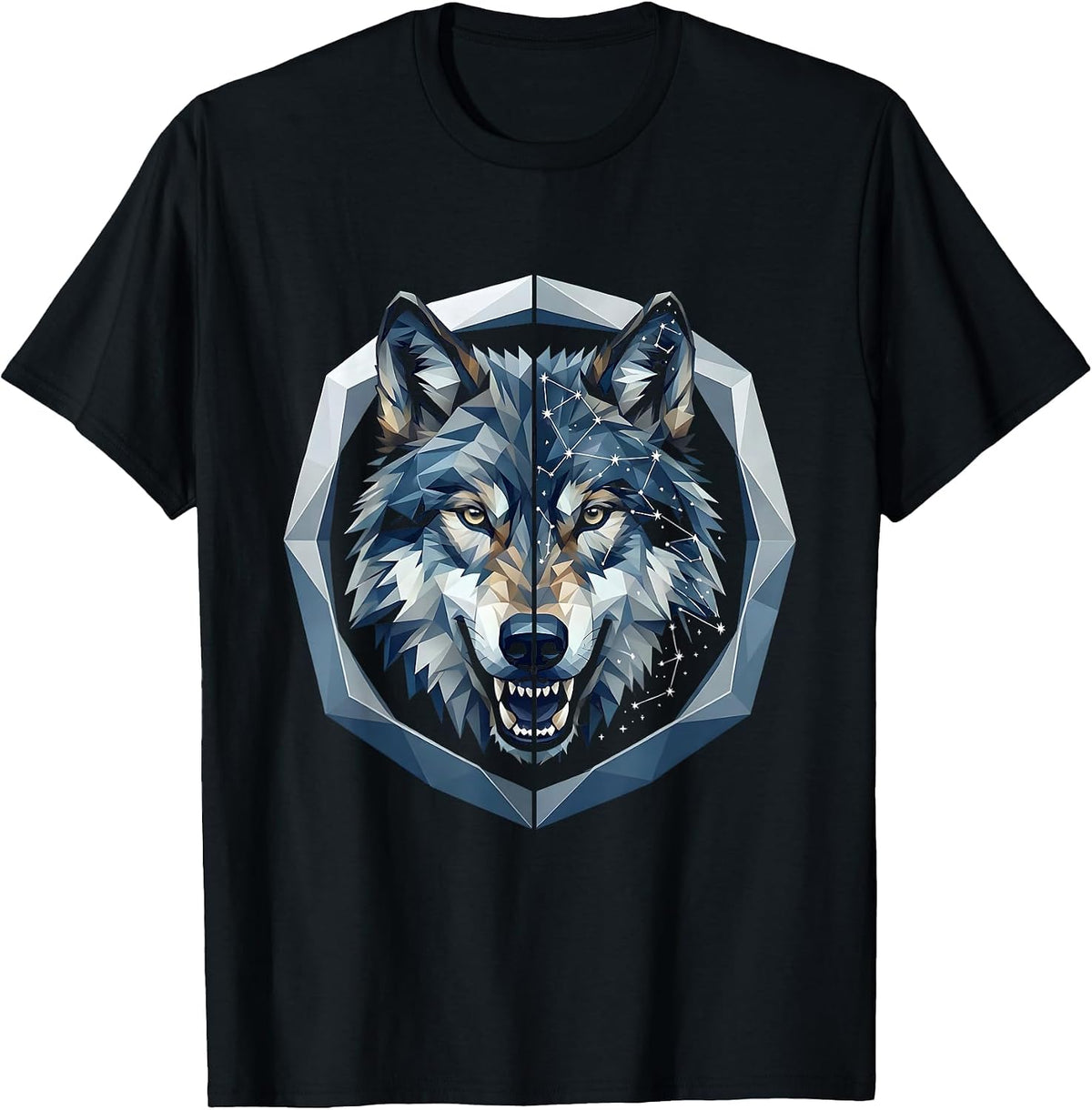 Men's Alpha Wolf Constellation Star Map Split Face Design T-Shirt - Black