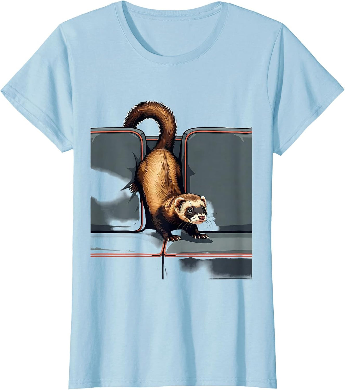 Women's Ferret Wedged Between Cushions Funny Ferret Lover Christmas T-Shirt - Baby Blue