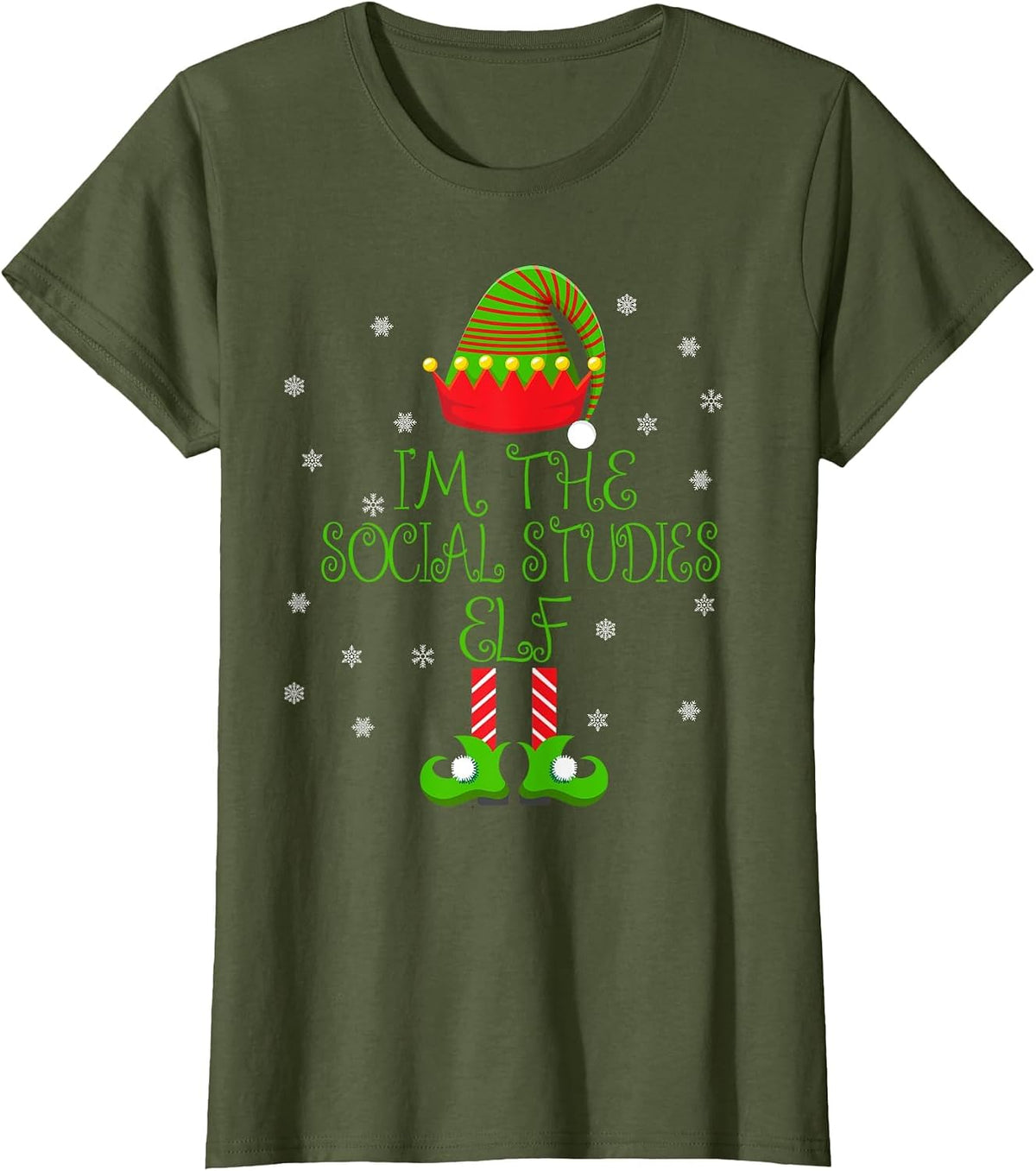 I'm the Social Studies Elf Funny Teacher Xmas T-Shirt - Olive Green