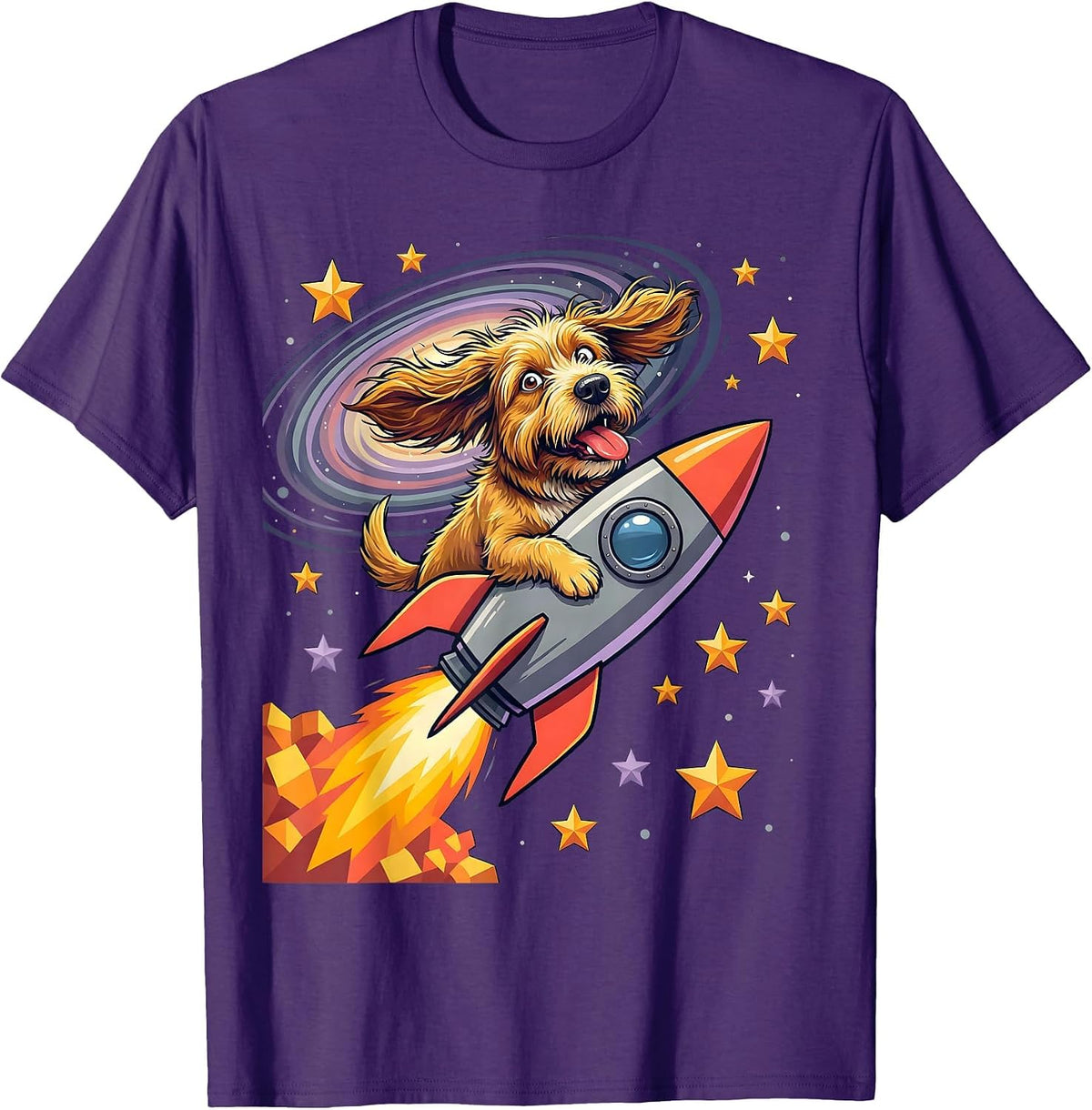 Men's Crazy Dog Riding Rocket Through Outer Space T-Shirt - Purple