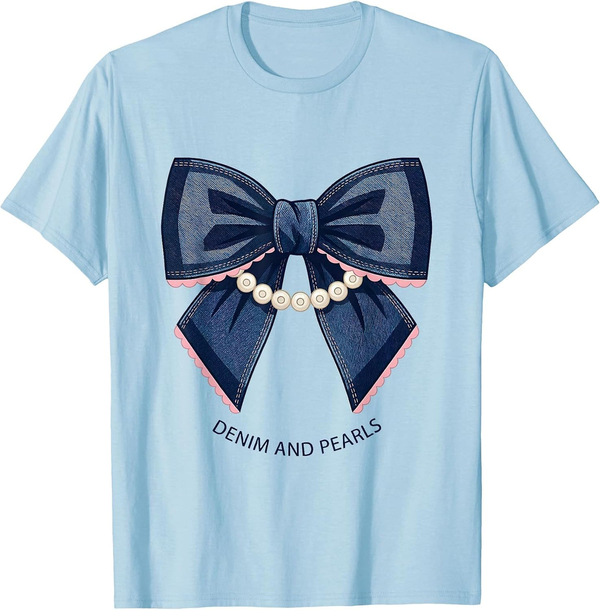 Men's Denim And Pearls Glam Vintage Ladies Gift T-Shirt - Baby Blue
