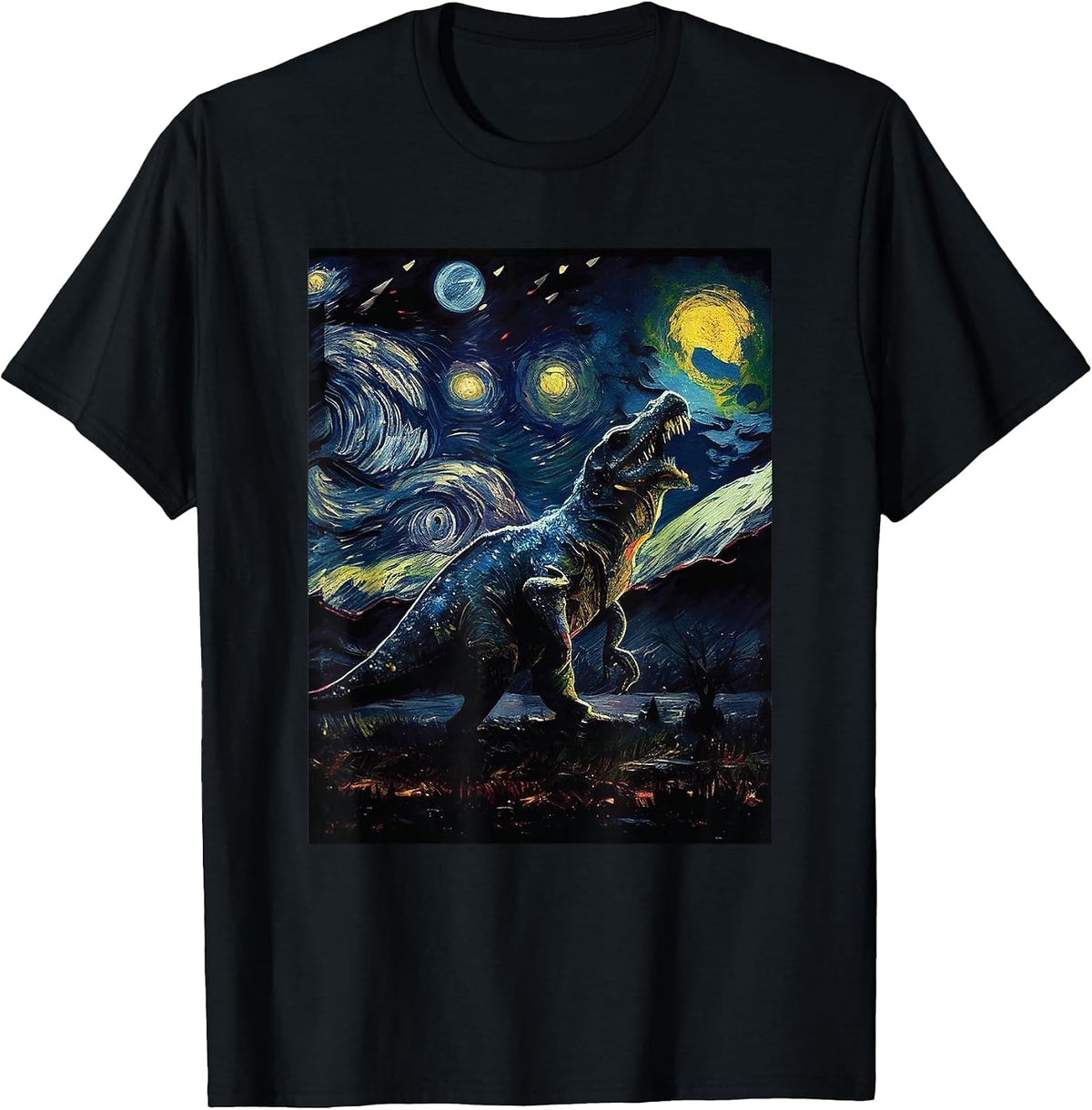 Dinosaur Painting Van Gogh Art Starry Night Sky T-Shirt - Black
