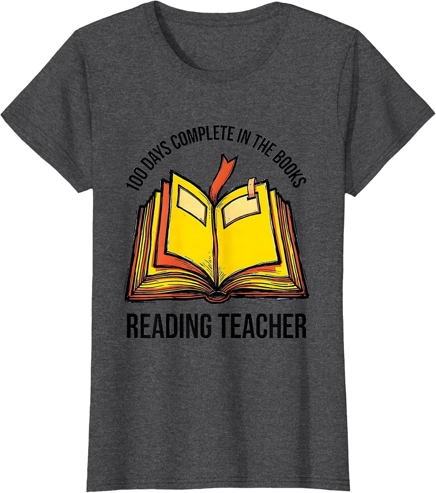 Women's 100 Days Complete In The Books Reading Teacher T-Shirt - Dark Heather Grey