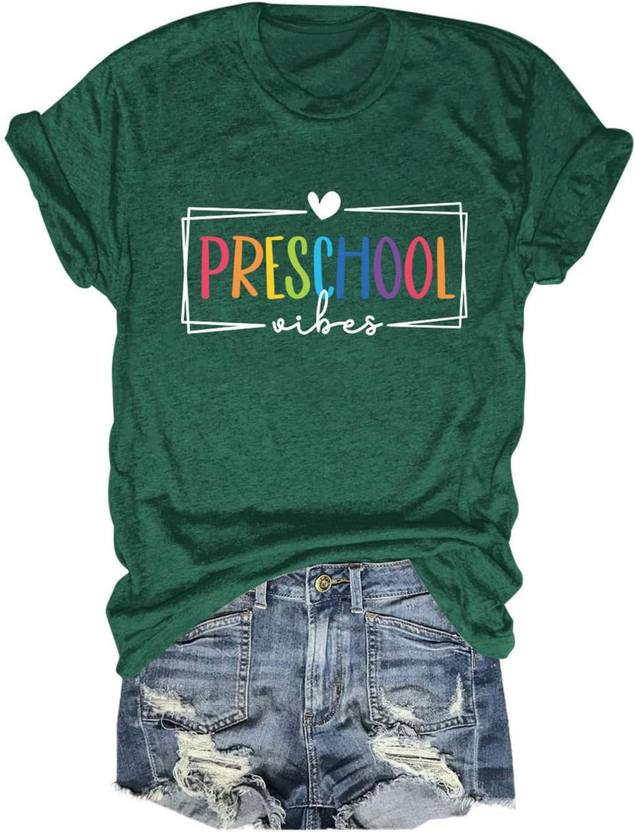 Preschool Vibes T-Shirts Womens Crew Neck Graphic Tees Short Sleeve Kindergarten Teacher Shirts 1st Day of School - Dark
