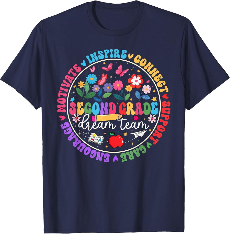 Second Grade Dream Team Back to School Teacher Floral Women T-Shirt - Navy Blue