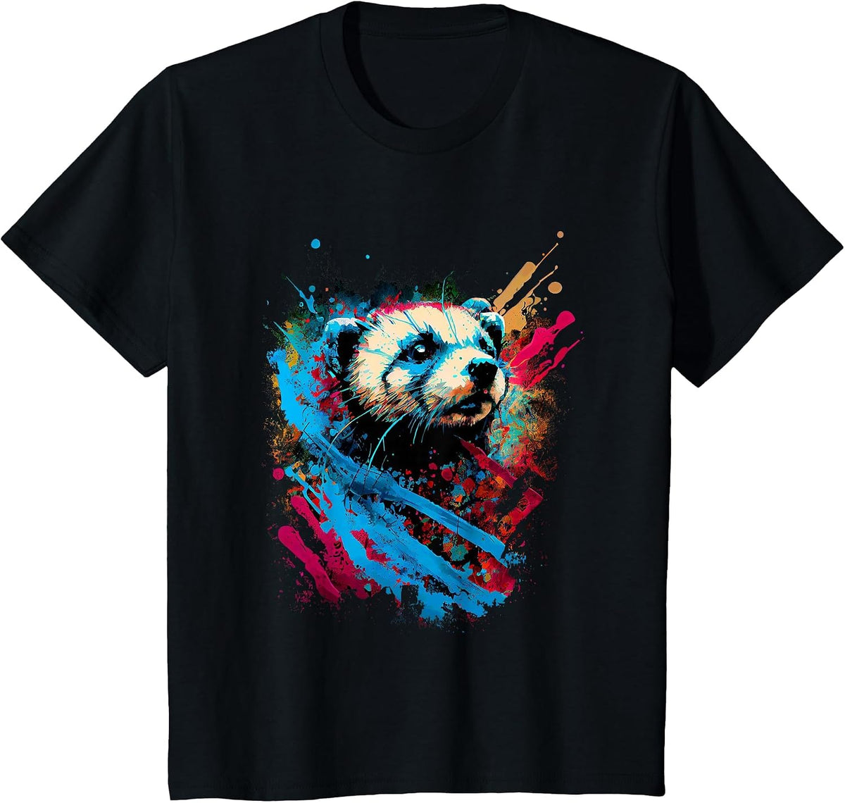 Colorful Ferret Abstract Art Watercolor Splash T-Shirt - Black