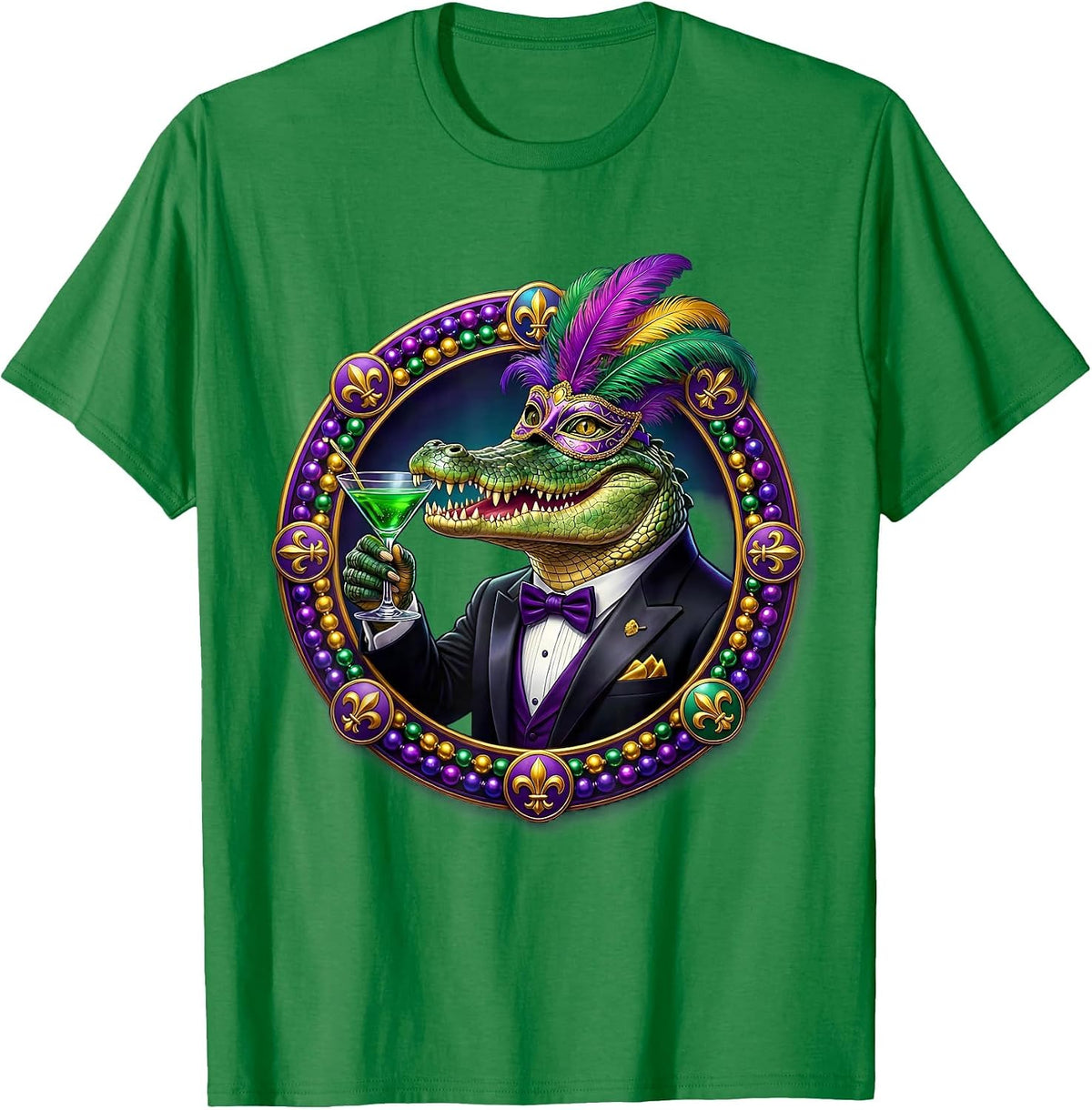 Men's Mardi Gras Alligator in Tuxedo Cocktail Design T-Shirt - Kelly Green