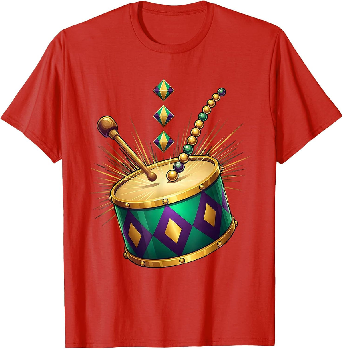 Men's Parade Drum Harlequin Beads Mardi Gras Carnival Party T-Shirt - Red