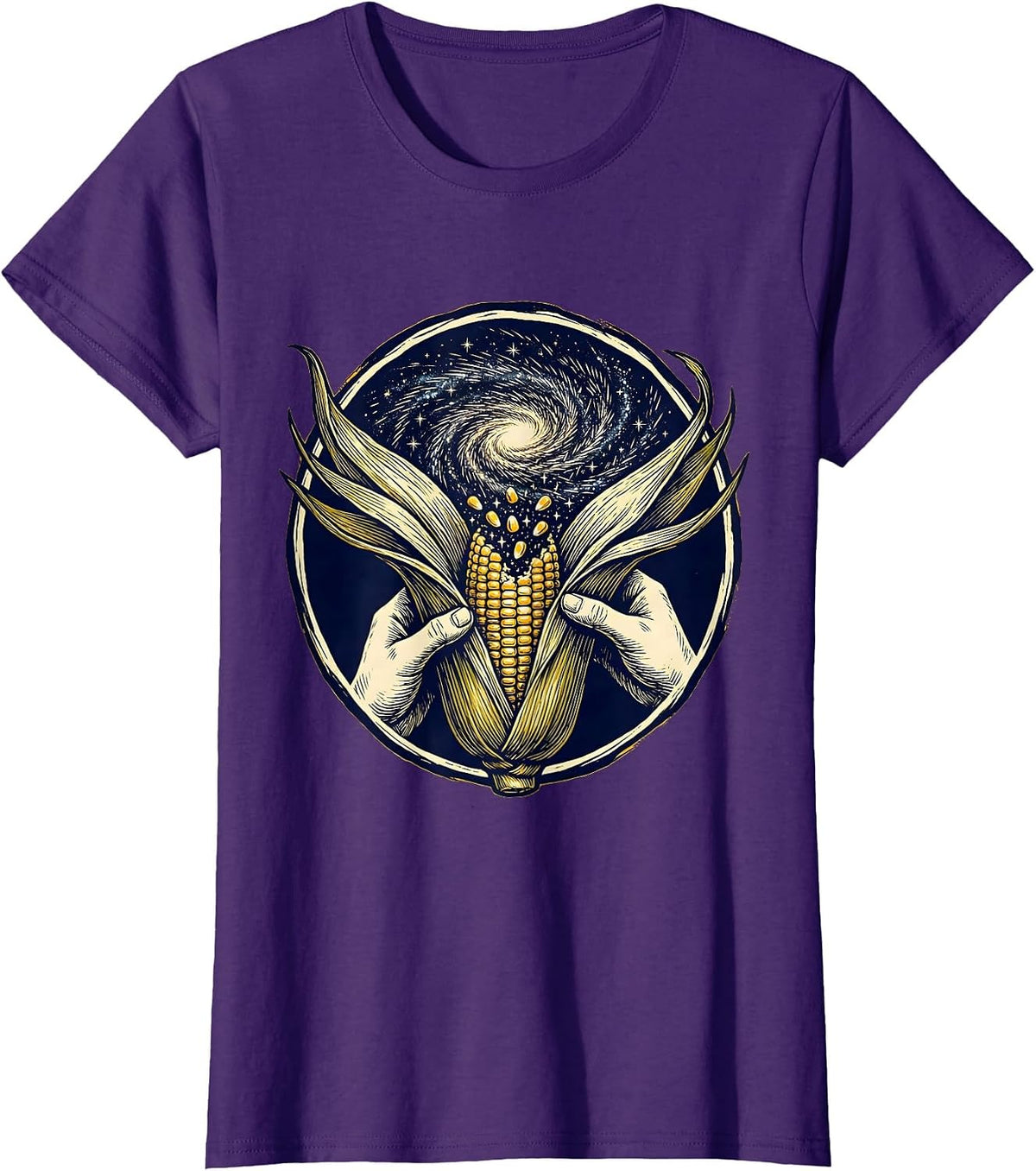 Women's Cosmic Corn Galaxy Peel Graphic Design T-Shirt - Purple