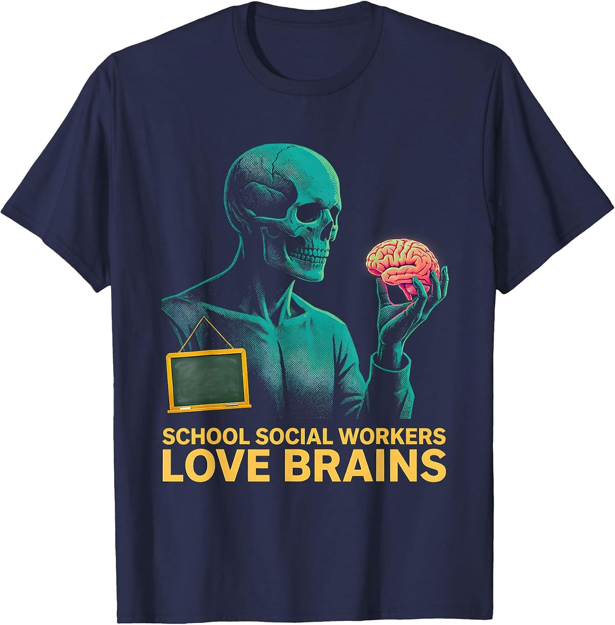 School Social Workers Love Brains Risograph Halloween Humor T-Shirt - Navy Blue