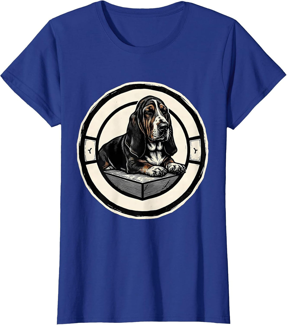 Women's Sleeping Basset Hound Linocut Animal Lover Pajama Humor T-Shirt - Royal Blue