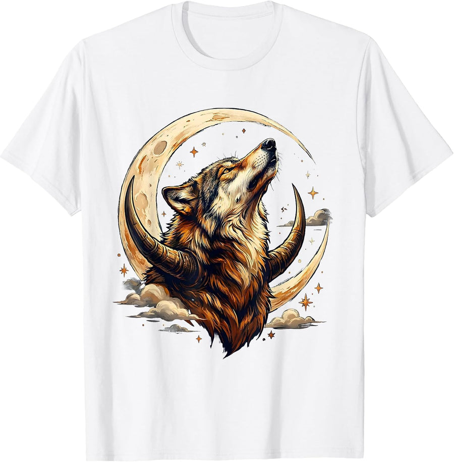 Men's Wolf Head Crescent Moon Graphic Design T-Shirt - White