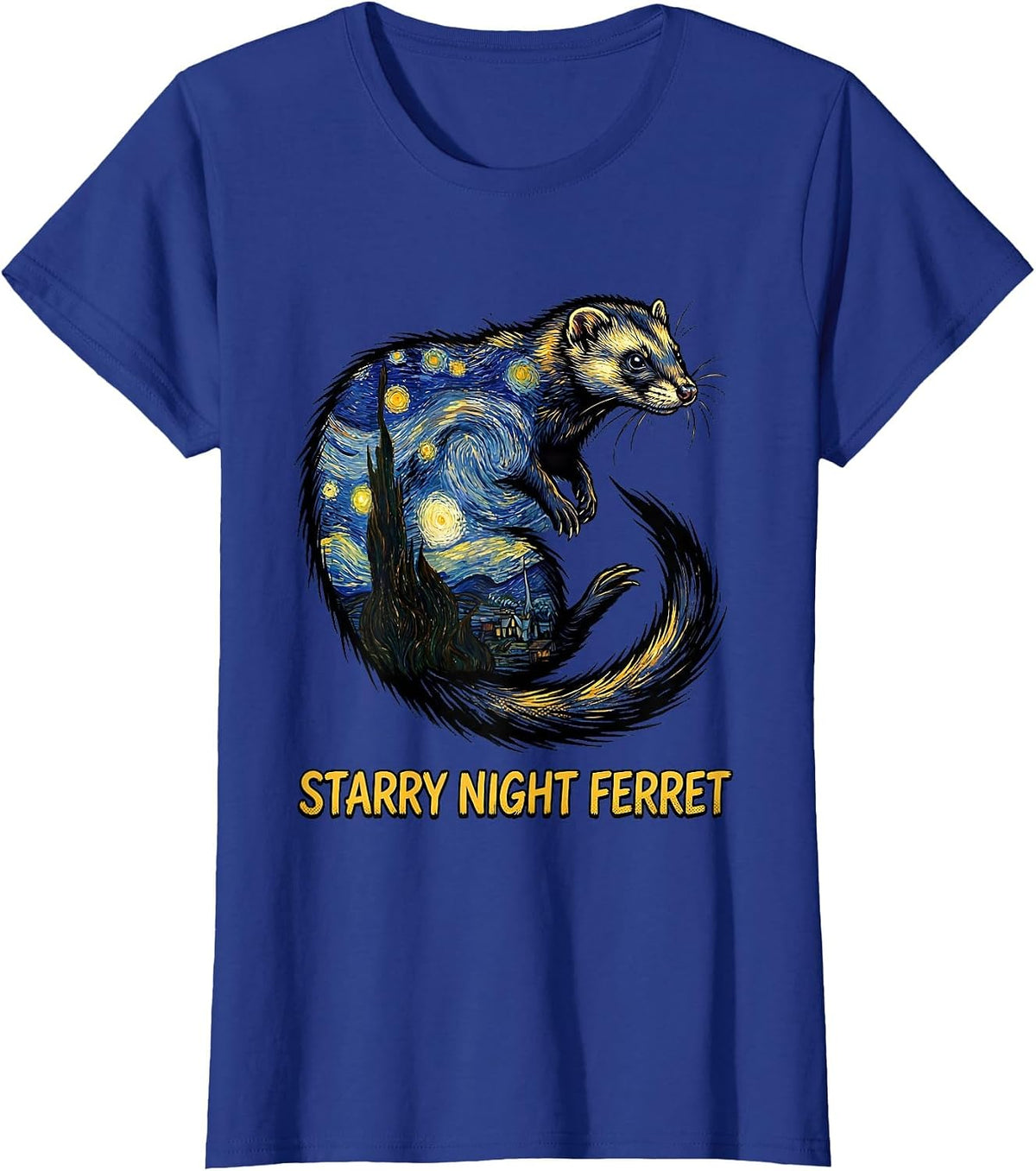 Women's Starry Night Ferret Comic Book Ferret Lover Art Homage T-Shirt - Royal Blue