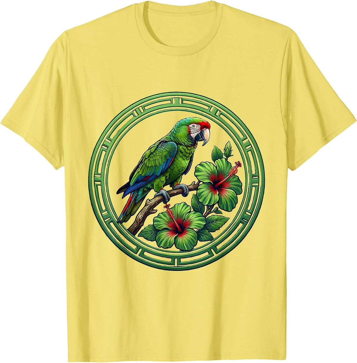 Men's Puerto Rican Parrot on Hibiscus Branch Design T-Shirt - Lemon Yellow