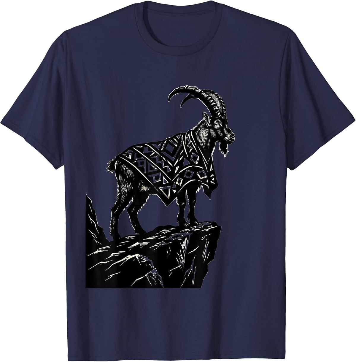 Mountain Goat in Patterned Poncho Rocky Cliff Art T-Shirt - Navy Blue