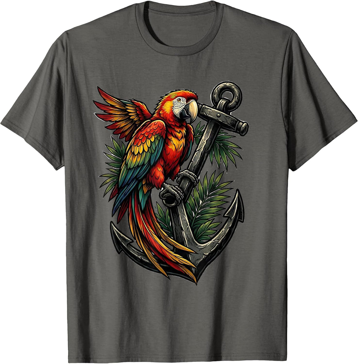 Parrot on Anchor Nautical Bird Graphic T-Shirt - Asphalt Grey