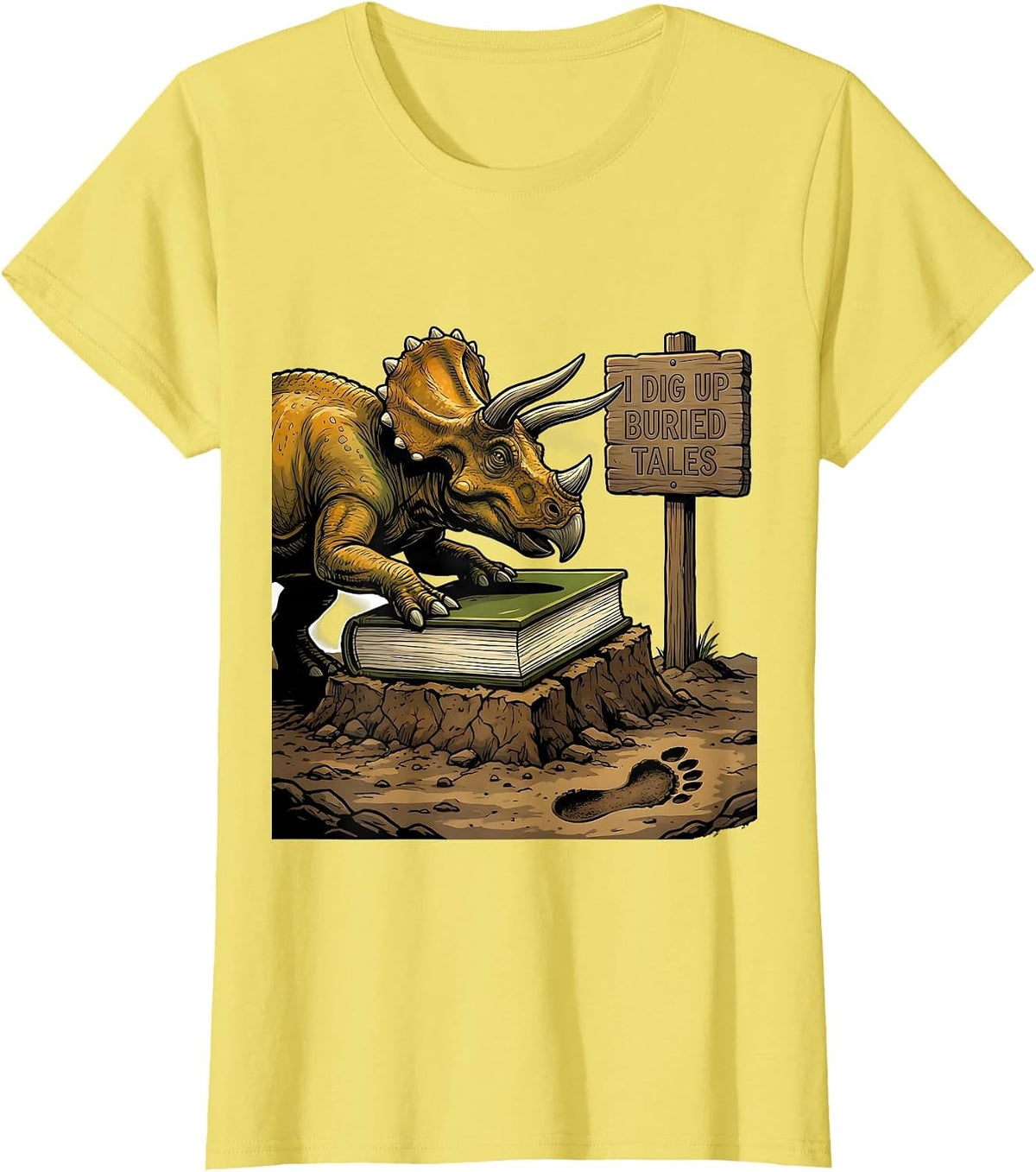 Women's I Dig Up Buried Tales Funny Dinosaur Bookworm Summer Reading T-Shirt - Lemon Yellow