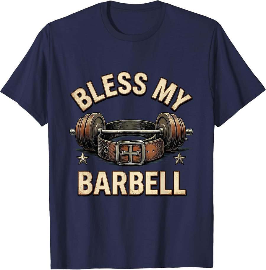 Bless My Barbell Vintage Christian Gym Weightlifter Humor T-Shirt - Navy Blue