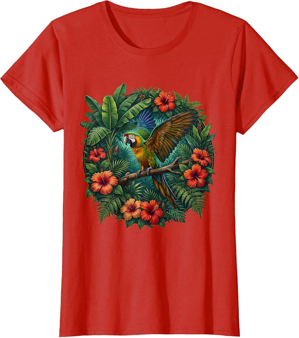 Puerto Rican Parrot Dense Jungle Canopy Design T-Shirt - Red