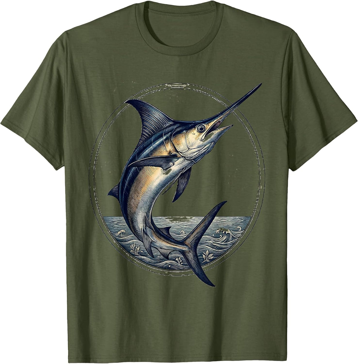 Men's Swordfish Breaking Ocean Surface Fishing Graphic T-Shirt - Olive Green