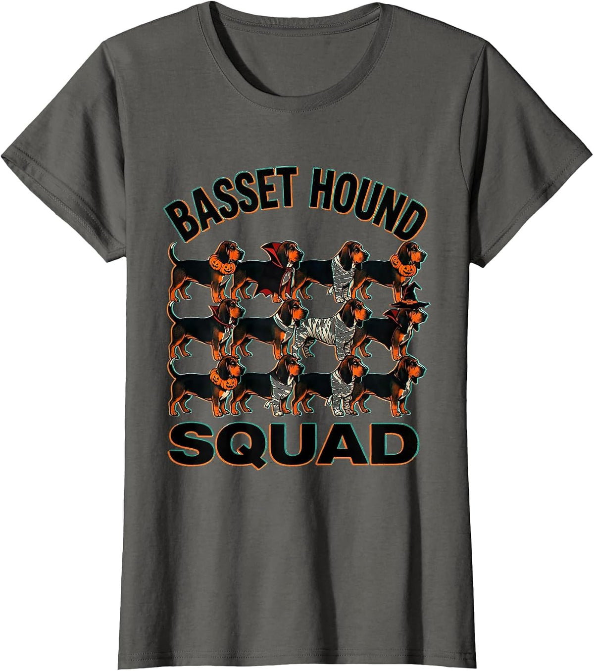 Women's Basset Hound Squad Halloween Pumpkin Vampire Mummy Witch Dog T-Shirt - Asphalt Grey