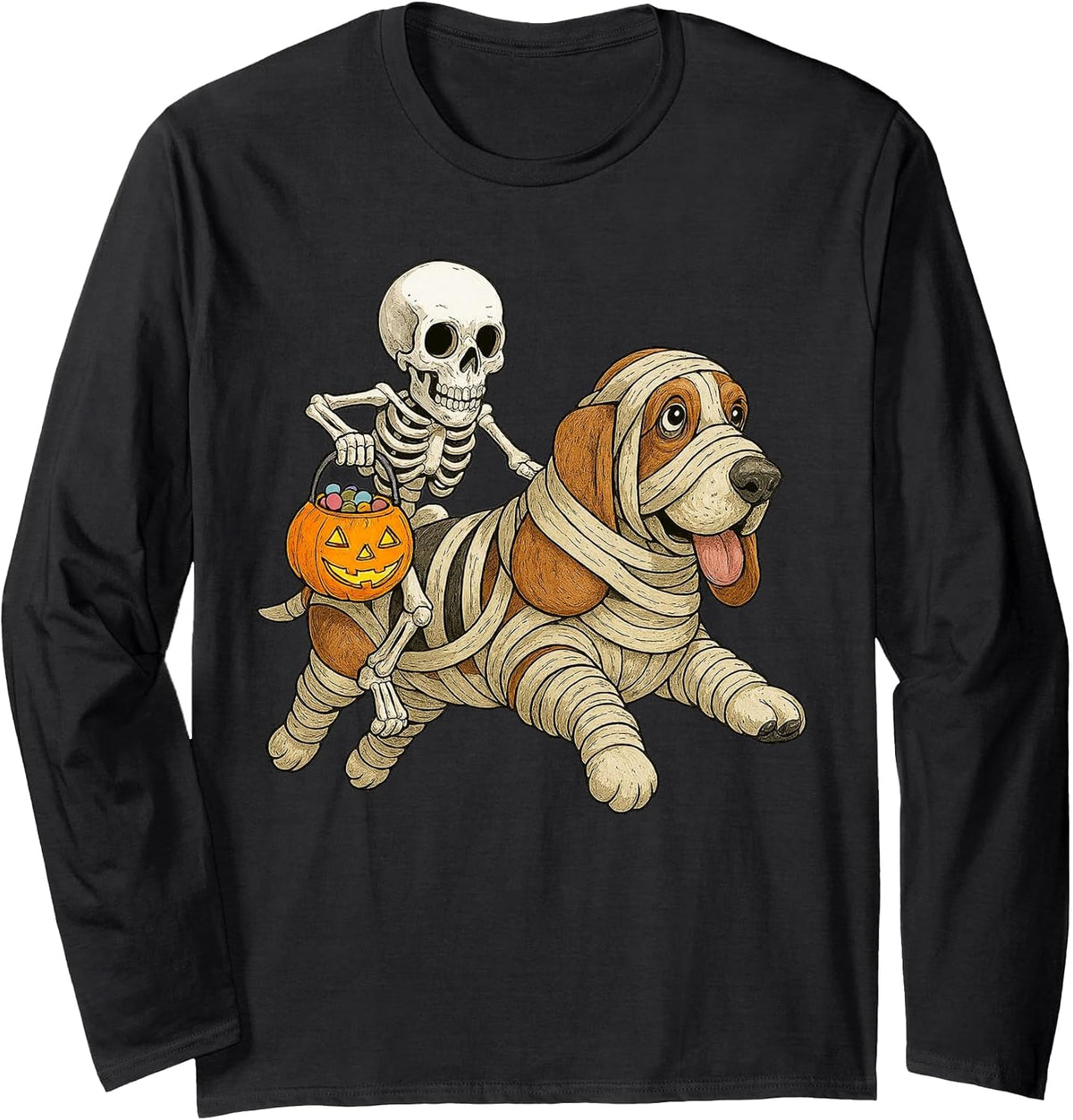 Skeleton Riding Mummy Basset Hound Dog Halloween Funny Long Sleeve T-Shirt - Adult Unisex Black