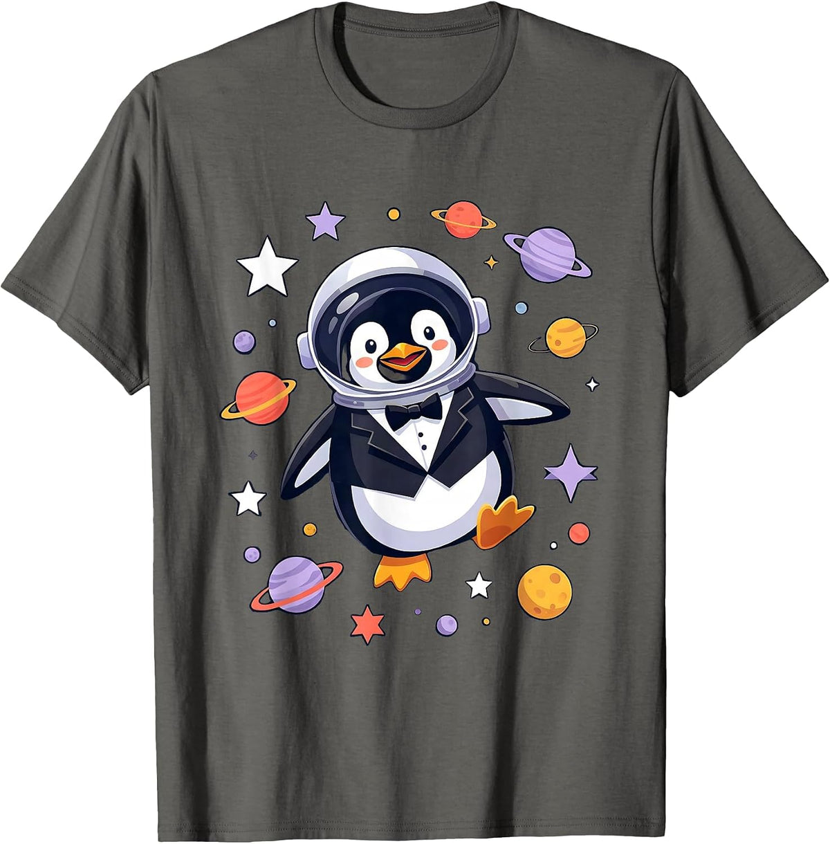 Men's Penguin Astronaut Floating in Outer Space T-Shirt - Asphalt Grey