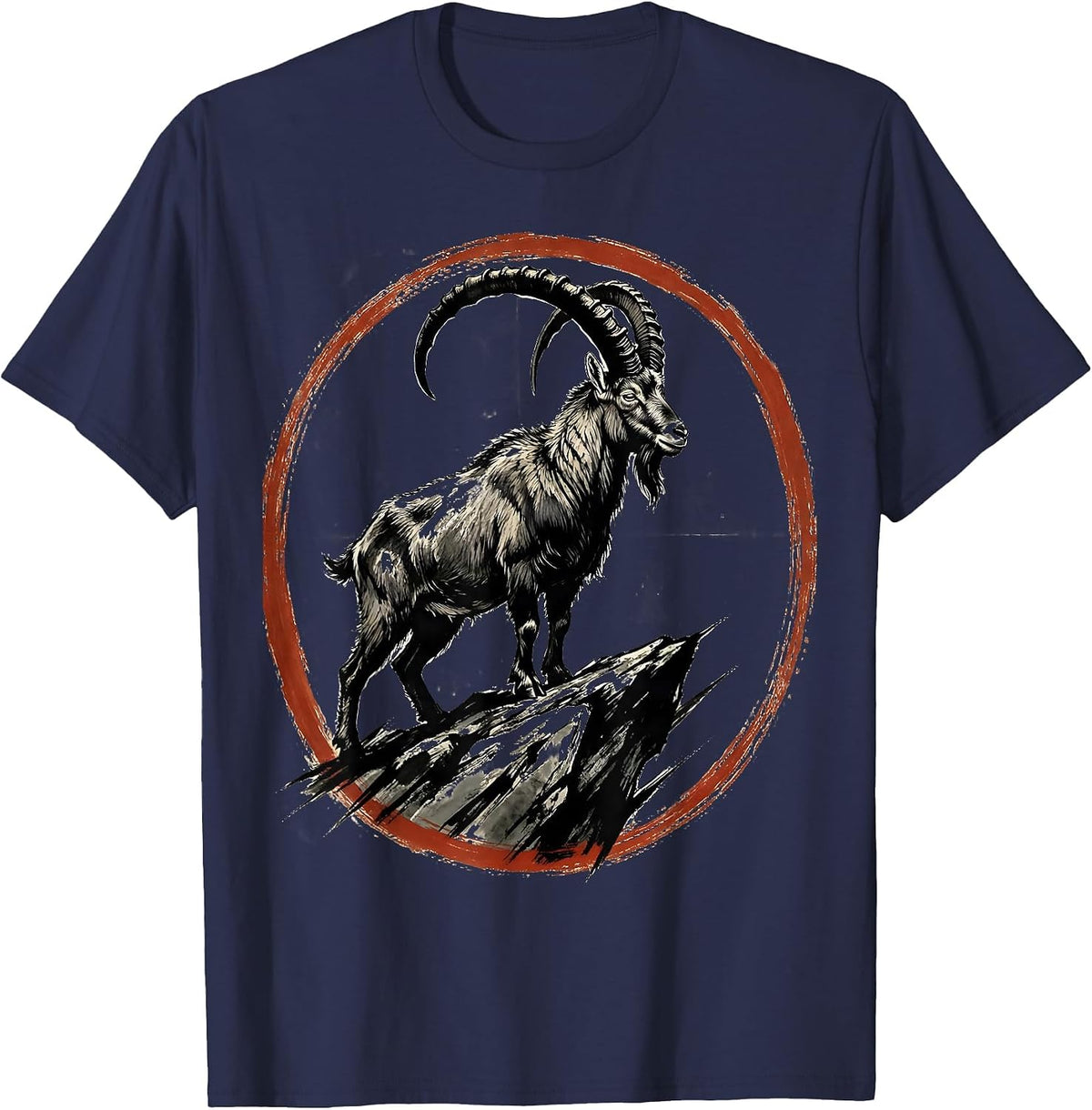 Mountain Goat Sheer Rock Face Live Free Design T-Shirt - Navy Blue
