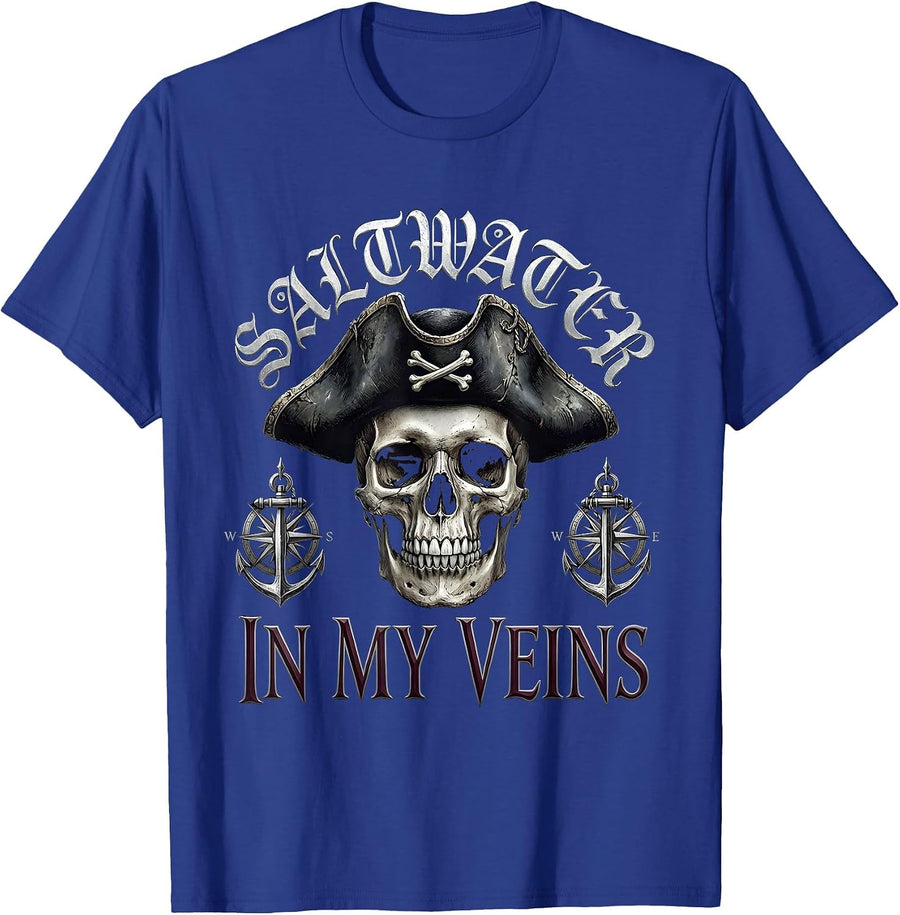 Saltwater In My Veins Pirate Nautical Design T-Shirt - Royal Blue
