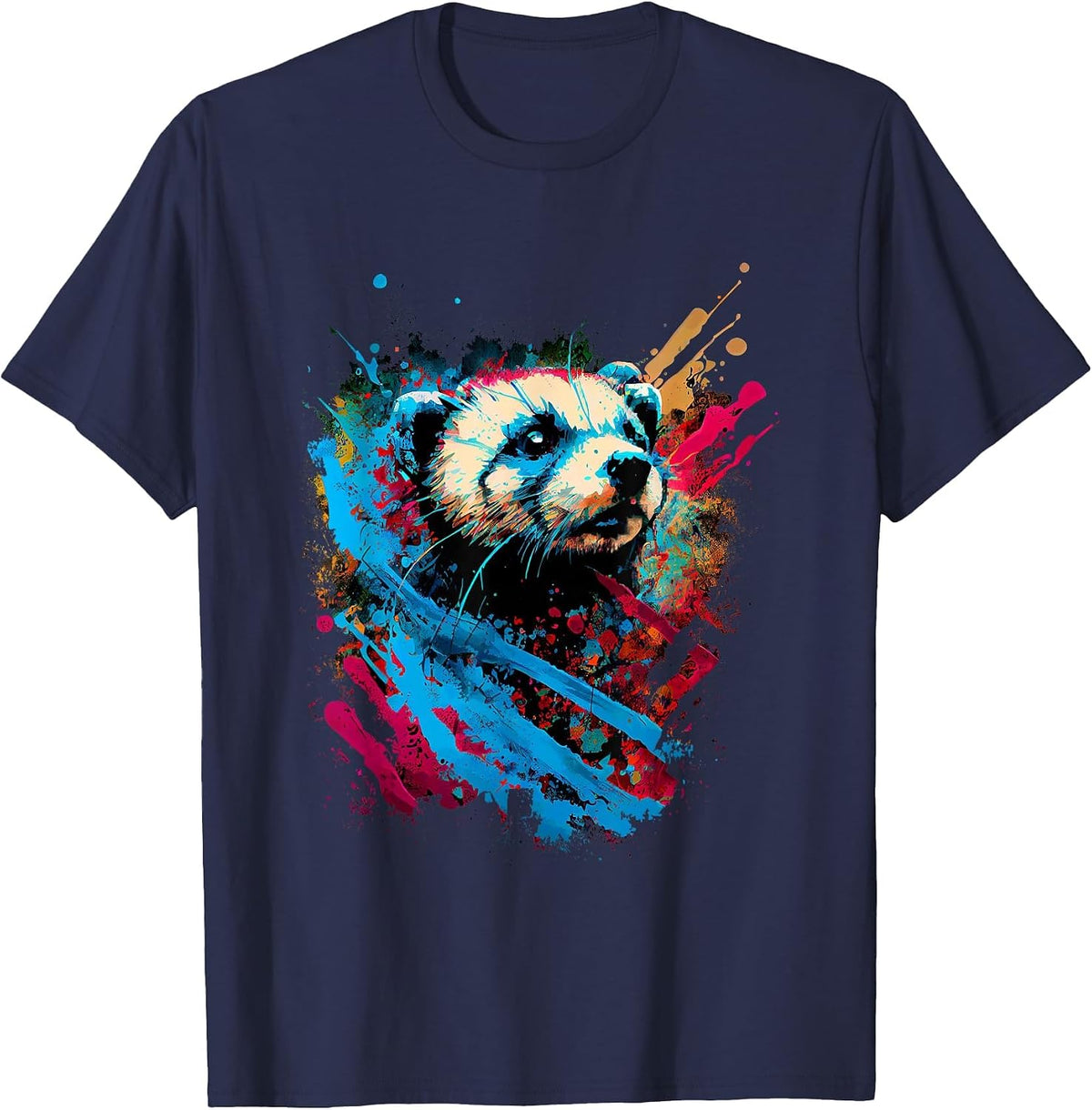 Colorful Ferret Abstract Art Watercolor Splash T-Shirt - Navy Blue