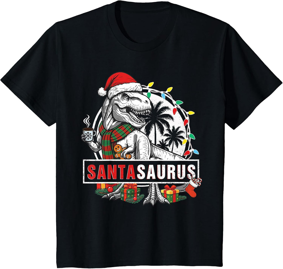 Santasaurus T rex Dinosaur Funny Santa Saurus Funny Family T-Shirt - Black
