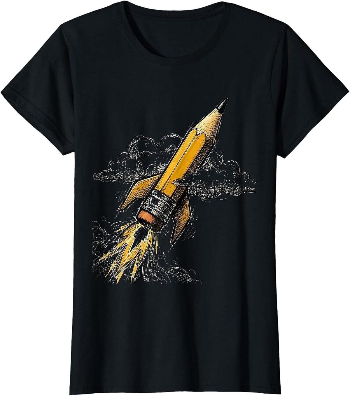 Pencil Rocket Ship Blasting Through Clouds Teacher T-Shirt - Black
