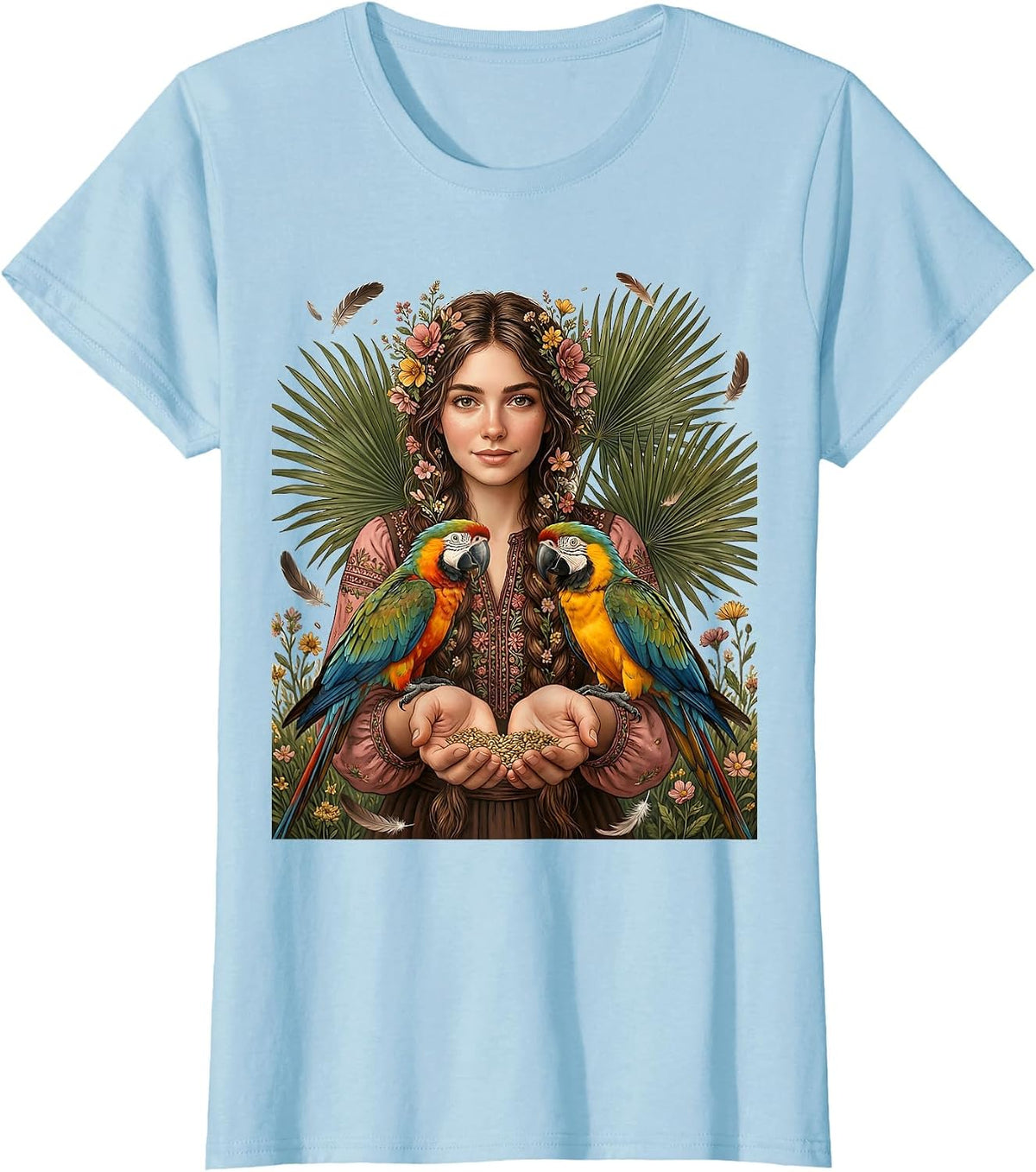 Women's Mexican Girl With Braids Feeding Colorful Parrots T-Shirt - Baby Blue