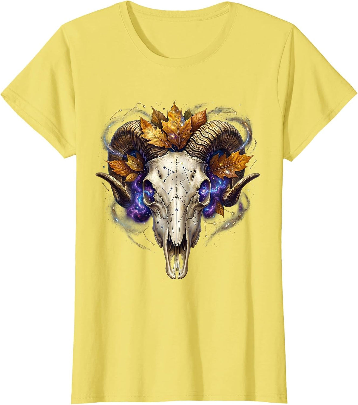 Capricorn Goat Skull Autumn Leaves Zodiac T-Shirt - Lemon Yellow