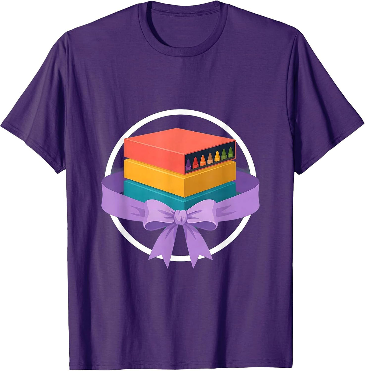 Men's 2nd Grade Teacher Crayon Boxes Ribbon Illustration T-Shirt - Purple