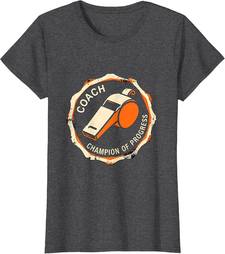 Women's Coach Champion Of Progress Stencil Graphic PE Teacher T-Shirt - Dark Heather Grey