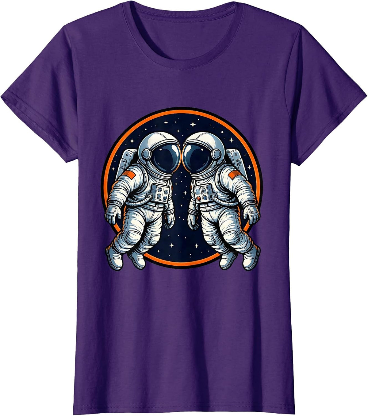 Women's Twin Astronauts Face to Face Space Illustration T-Shirt - Purple