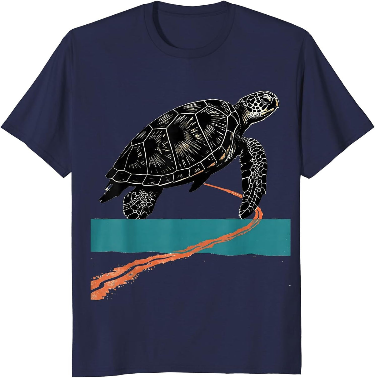 Men's Sea Turtle Linocut Animal Lover Casual Beach Wear T-Shirt - Navy Blue