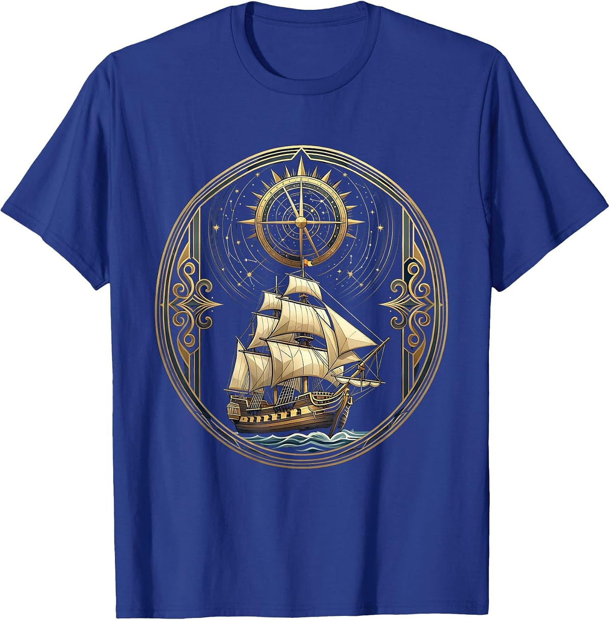 Renaissance Merchant Ship Starry Astrolabe Graphic T-Shirt - Royal Blue