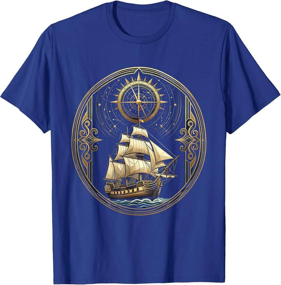 Renaissance Merchant Ship Starry Astrolabe Graphic T-Shirt - Royal Blue