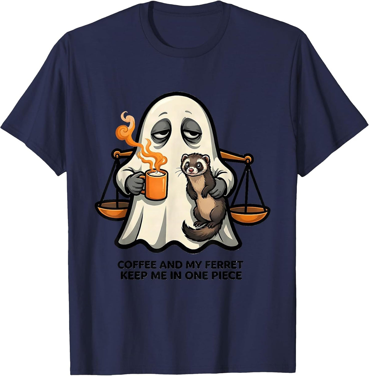 Coffee And My Ferret Keep Me In One Piece Funny Ghost T-Shirt - Navy Blue
