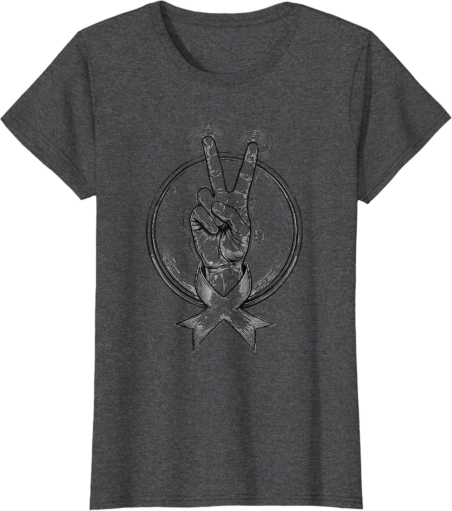Women's Shaking Hand Peace Sign Parkinson Awareness Warrior Humor T-Shirt - Dark Heather Grey