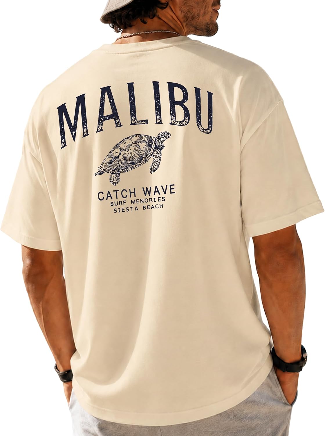KUYIGO Mens Malibu Turtle Graphic T Shirt Beach Surf Vacation Tee - Apricot
