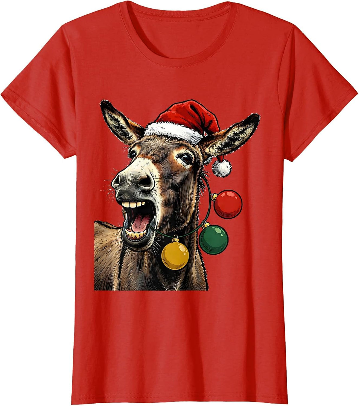 Women's Donkey Santa Hat Whimsical Farm Animal Christmas Novelty T-Shirt - Red