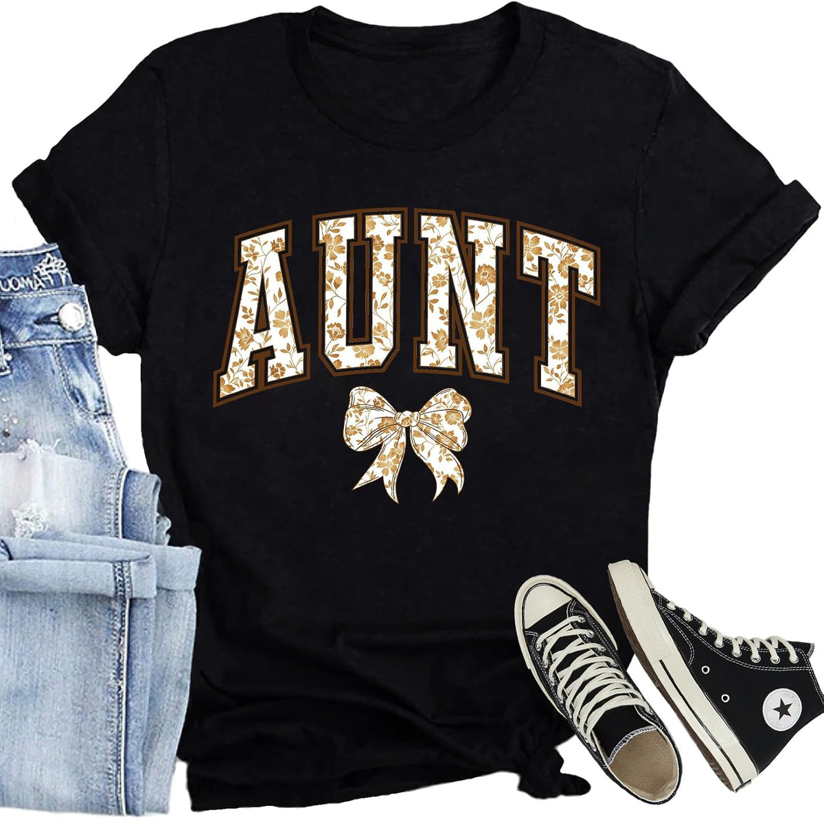 Aunt Shirts for Women Cute Auntie T-Shirts Bow Floral Auntie Gifts Tee - Black