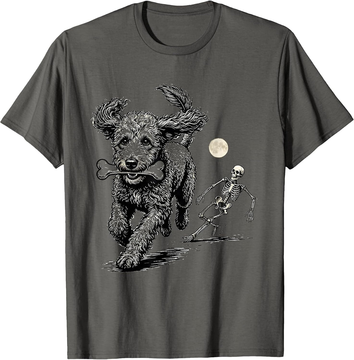 Men's Funny Skeleton Chasing Bernedoodle Halloween Dog Mom T-Shirt - Asphalt Grey
