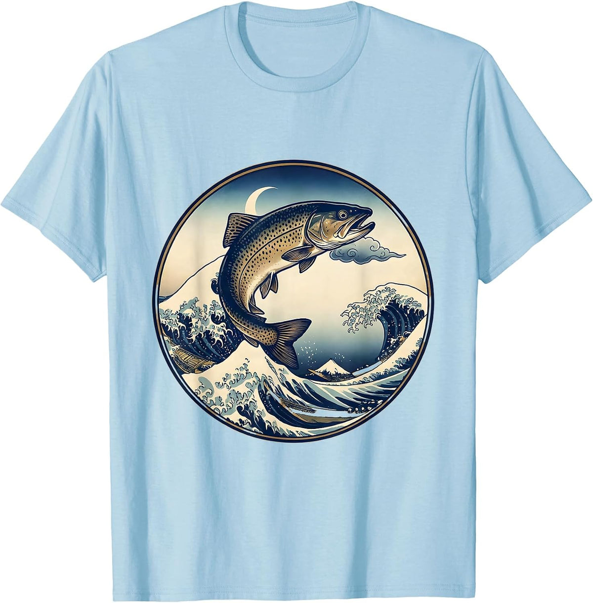 Men's Leaping Trout River Surface Fishing Illustration T-Shirt - Baby Blue